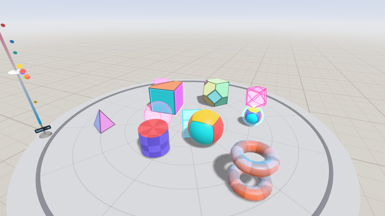 4D objects on a table shown as 3D cross-sections, with 4D shadows and faint ghosts of objects outside the slice