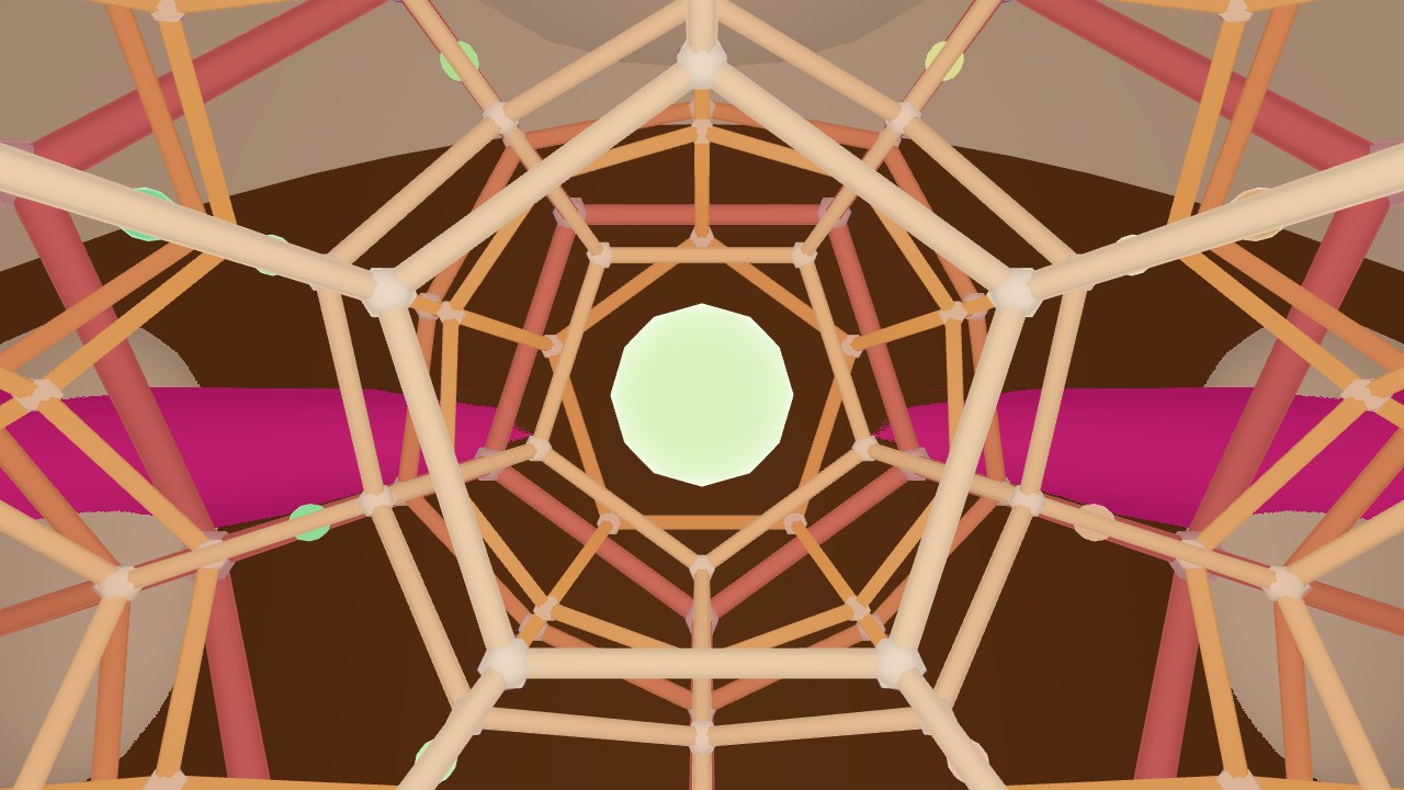 Inside the 120-cell tiling of the 3-sphere, with the back of the viewer's own head in the distance